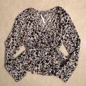 Leopard print v neck wrap shirt